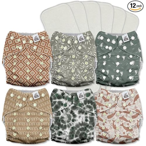 Mama Koala 3.0 Pocket Cloth Diapers for Babies with AWJ Lining, 6 Pack with 6 5-Layer Natural Cloth Diaper Inserts - Reusable and Washable Pocket Diapers(A-Calm Spring)