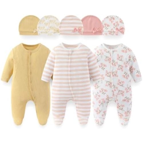 8 Pack Unisex Baby Boy Girl Footed One-piece Outfit Infant Hats 0-12months Comfort New Born Romper Clothes