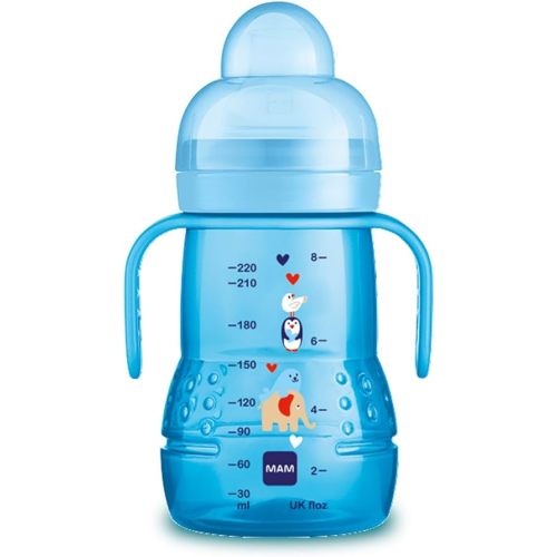 MAM Plastic Trainer Cup (1 Count), Trainer Drinking Cup with Extra-Soft Spout, Spill-Free Nipple, and Non-Slip Handles, for Boys 4+ Months, Eight Ounces, Designs May Vary
