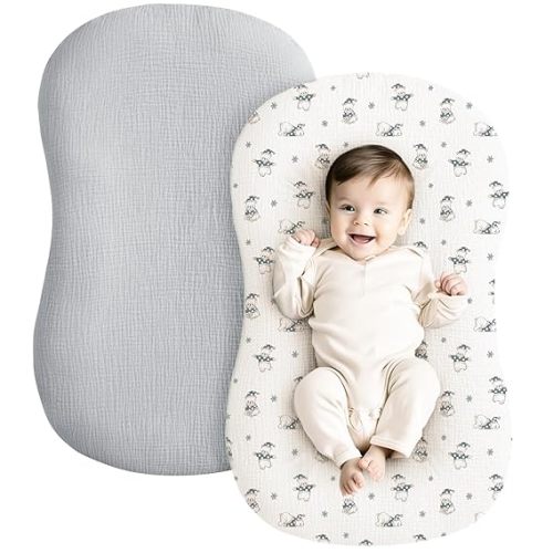 Konssy Muslin Baby Lounger Cover 2 Pack, 100% Cotton Newborn Lounger Cover, Soft and Breathable Lounger Cover for Boys Girls, Covers Only (Bear,Grey)
