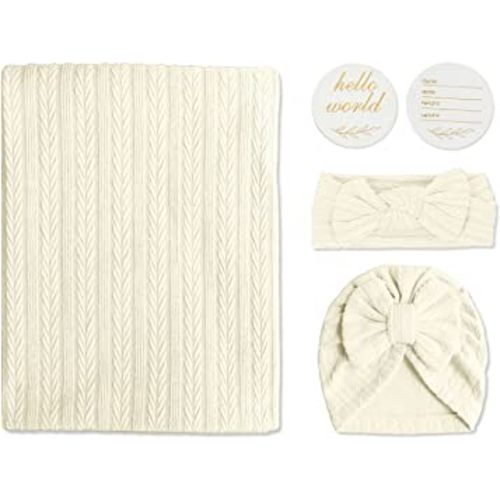 Golener Muslin Swaddle Blankets,Sleepsack Swaddle with Bow Headbands, Hats Set and Newborn Name Announcement Card, Stretchy Baby Blankets for Girls and Boys Unisex, Perfect for Newborn Photos (Beige)