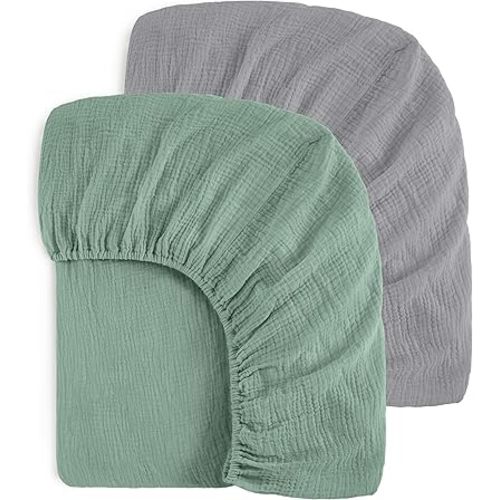 Muslin Crib Sheets for Girl Boy, 100% Cotton Baby Crib Sheets for Standard Crib and Toddler Mattress 52"x28", 2 Pack Soft Breathable Fitted Crib Mattress Sheet, Grey & Green