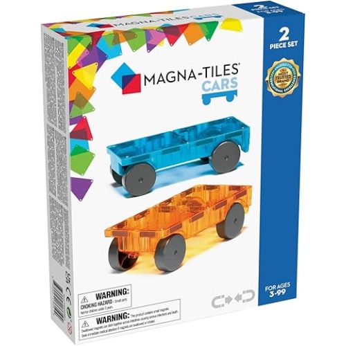 MAGNA-TILES Cars – Blue & Orange 2-Piece Magnetic Construction Set, The Original Magnetic Building Brand