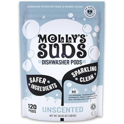 Molly's Suds Dishwasher Pods | Clean Dishwasher Detergent, Cuts Grease & Rinses Clean (Residue-Free) for Sparkling Dishes | 120 Auto-Release Tabs (Unscented)