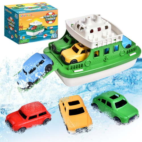 9 Pcs Toy Boat Bath Toys for Toddlers with 4 Mini Car Toys and 4 Bath Boat Squirters,Pool Beach Toys Floating Ferry Boat,Birthday Gift for Boys Girls 1-4
