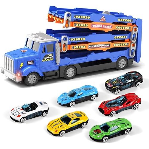 HONGTUO Toddler Truck Track Set with Lights & Sounds – 55-Inch Racing Track with 6 Die-Cast Cars, Perfect Birthday for 3 4 5 6 7 Years Old Boys and Girls