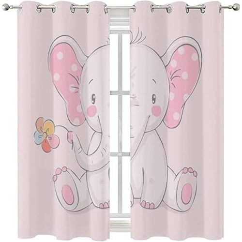 Cartoon Elephant Blackout Panels for Nursery for Girls Boys Home Decor Pink Elephant and Flowers Thermal Insulated Solid Grommet Top Blackout Draperies W42 x L63 Inch