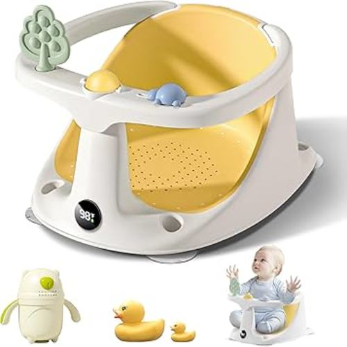 Baby Bath Seat for Baby 6-18 Months, Non-Slip Toddler Bath Seat for Baby Sitting Up, Safe Baby Bath tub Seat with Suction Cups, Soft Cushion, 5 Baby Bath Toys, Yellow