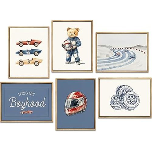 VXGMYPGZ Vintage Race Car Nursery Wall Art Set of 6, Teddy Bear Racing Canvas Prints Posters, Retro Boys Room Wall Decor Blue Car Theme Pictures 8x10 Unframed