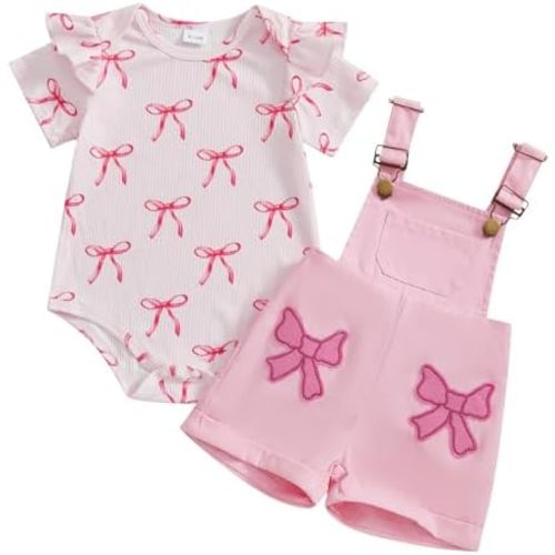 DSORVICD Newborn Baby Girl Summer Clothes Bows Ribbed Ruffle Short Sleeve Romper Suspender Overall Shorts 2Pc Outfits