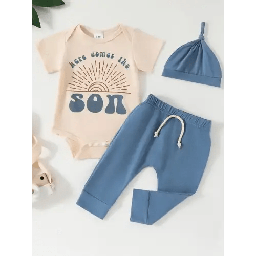 Baby Boys HERE COMES THE SUN Print Short Sleeve Triangle Romper & Solid Pants & Hat Set, Infants Cotton Cute Comfy Clothing