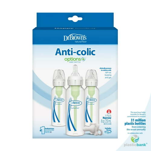 Dr. Brown's Natural Flow Anti-Colic Options+ Narrow Baby Bottle, 8oz, 3 Pack + HappyPaci