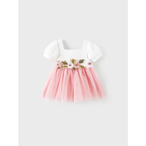 Baby Girl 95% Cotton Ribbed Square Neck Puff-sleeve Spliced Floral Embroidered Mesh Fairy Dress Only $18.99 PatPat US Mobile