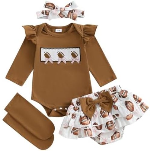 Newborn Baby Girl Football Outfit Rugby Print Long Sleeve Romper Bloomers Shorts Socks Headband Fall Clothes 4Pcs