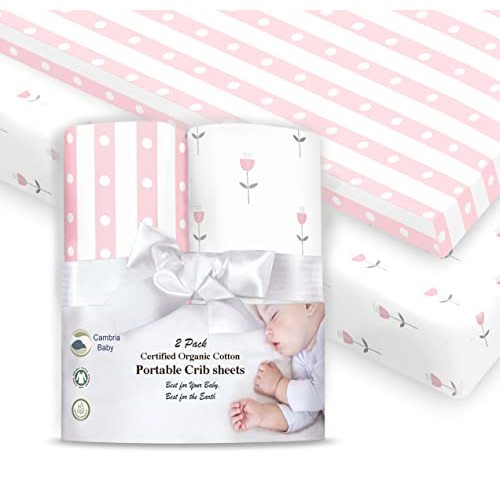 100% Organic Cotton Fitted Mattress Sheets for Graco Pack n Play, Babyletto, Pamo Babe, Dream on Me, Evenflo, Baby Trend, Hygge Hush Portable/Mini Crib/Playards, 2 Pk Tulip & Stripe Pattern