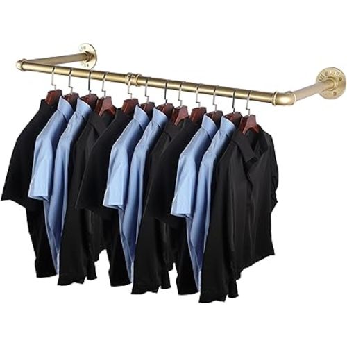 AddGrace Gold Clothing Rack Wall Mounted Clothes Rack Industrial Pipe Clothing Rack Heavy Duty Clothes Rack for Hanging Clothes Multi-Purpose Closet Rack for Wardrobe and Laundry Room 1 Pack