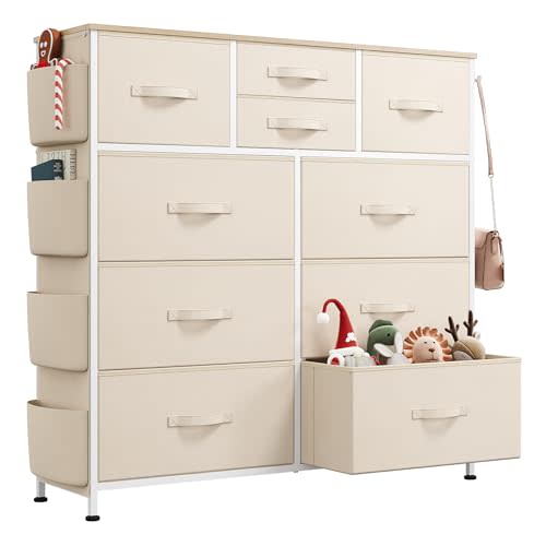 WLIVE Fabric Dresser for Bedroom with 10 Drawers, Chest of Drawers with Side Pockets and Hooks, Sturdy Metal Frame, Drawers Organizer Unit for Living Room, Hallway, Cream White