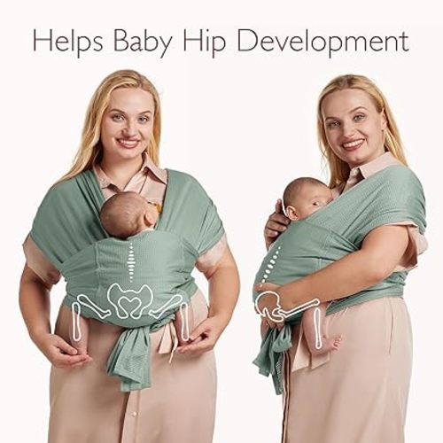 Momcozy Adjustable Buckle Baby Wrap Carrier Cooling Air-Mesh, Easy to Wear Baby Carrier Sling, Baby Carriers Newborn to Toddler 8-35lbs, Suit for Waist 30-47inch, Regular Grey Green