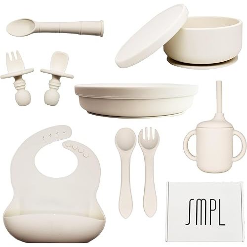 SMPL Premium 13 pc Baby Led Weaning Silicone Eating Utensils Essentials Set- Minimalist Plate Bowl Covers Cup Straw Forks Spoons Bib White Gift Infants Toddlers Birthday Baby Shower First Time Parents