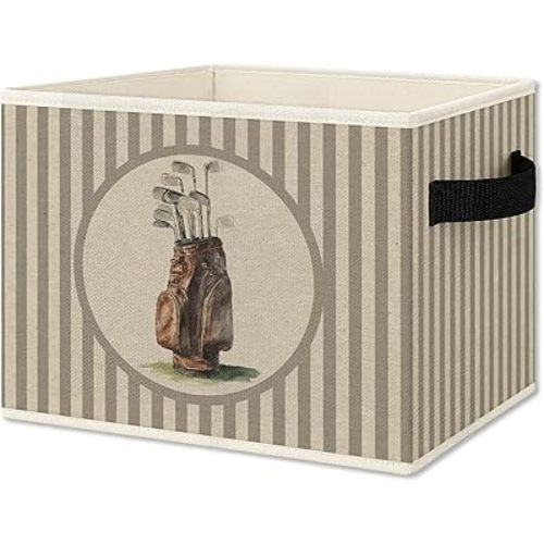 Vintage Golf Storage Bins Box with Handles, Golfing Sports Decor for Boys, Sage Striped Classic Golf Bag Aesthetic Collapsible Organizer Basket for Nursery Room Bedroom Playroom Toys Books