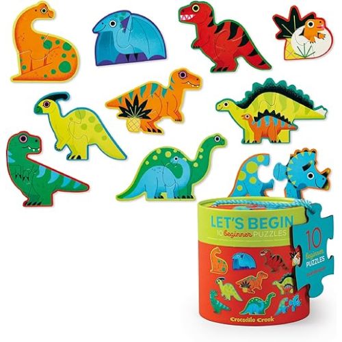 Crocodile Creek Let’s Begin Puzzle - Ten 2-Piece Beginner Puzzles for Ages 2 and Up - Heavy-Duty Storage Canister with Handle - Colorful Dinosaurs Design - Each Puzzle is 6" L x 4" H Finished