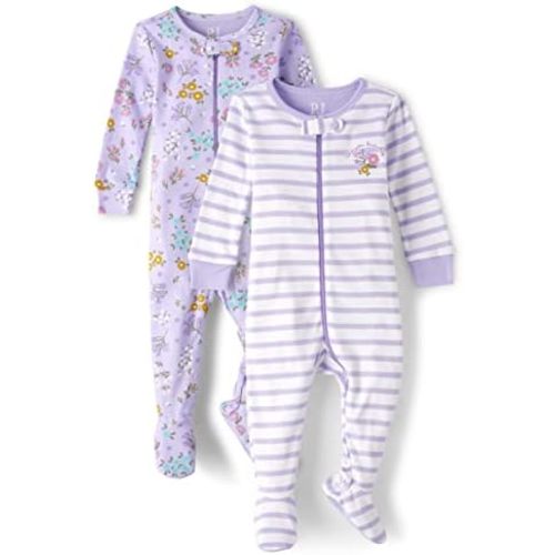 The Children's Place Baby Girls' and Toddler Long Sleeve Zip-Front One Footed Pajama Snug Fit 100% Cotton 2 Piece Set
