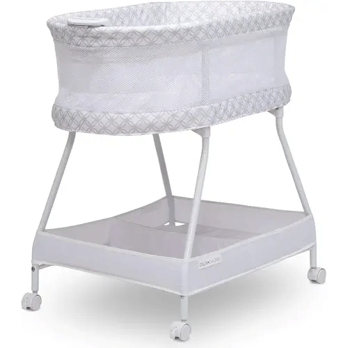 Delta Children Sweet Dreams Bassinet with Airflow Mesh Bedside Portable Crib with Vibration Lights and Music, Grey Infinity