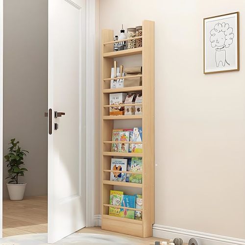 Wooden 3/4/5/6 Tier Behind The Door Bookshelf, Tall Narrow Floor Standing Bookcase, Space-Saving Storage Organizer for Books, Bedroom, Living Room, Office Wood Color 19.7x3.9x70.2