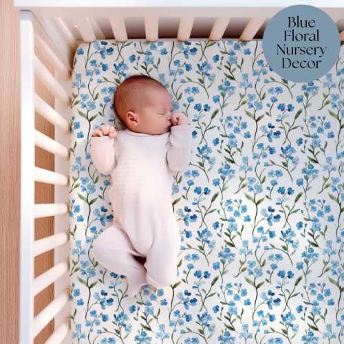 Floral Crib Bedding set for Girl Fitted Cribsheet Floral Nursery Decor Blue Flower Baby Shower Gift Blue Nursery girl decoration Baby Crib
