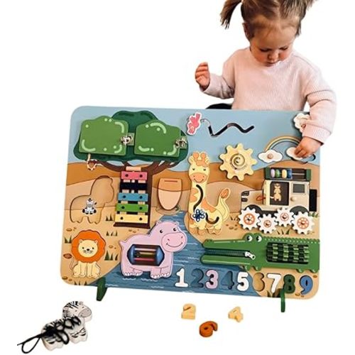 Busilly Safari Montessori Activity Board for Toddlers & Babies, Sensory Board, Activity Cube, Wooden Development & Educational Toys