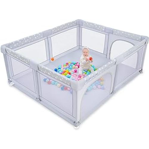 Baby Playpen, ANGELBLISS Playpen for Babies and Toddlers, Extra Large Play Yard with Gate, Indoor & Outdoor Kids Safety Play Pen Area with Star Print (Grey, 71"×59")
