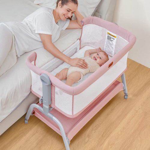 Babybond Baby Bassinet 3 In 1 Bedside Sleeper With Soft Mattress And Sheet 6 Height Adjustable Cosleeper Bedside Crib Pink