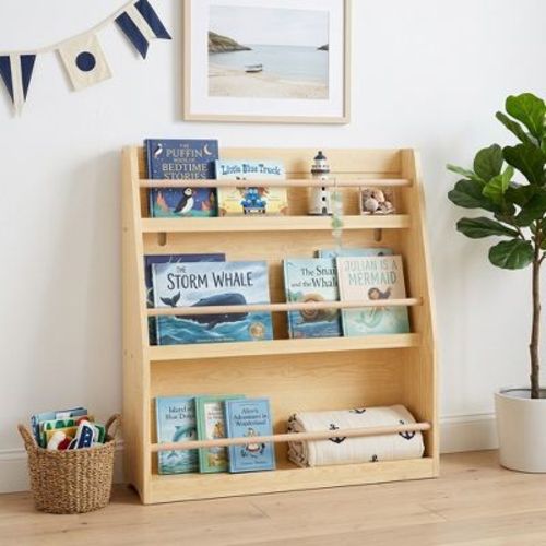 3-Tier Kids Book Shelf, Kids Book Rack With Natural Wood Retainer Rails, Slim Narrow Nursery Book & Toy Storage Shelf, Natural