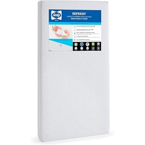 Sealy Baby Refresh Breathable 2 Stage Waterproof Crib Mattress Plus Toddler Bed Fit, Removable Knit Cover, GREENGUARD Gold Certified, Safety & Quality Tested, Made in USA, 52X28 -White