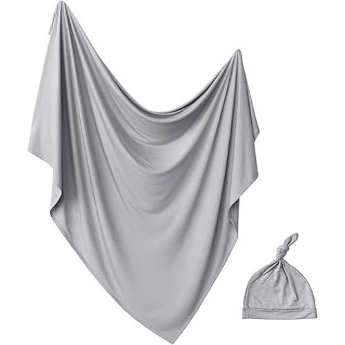Newborn Swaddle Blanket with Hat Set Baby Swaddle Set Hospital Receiving Blankets for Girls Boys(Slate)