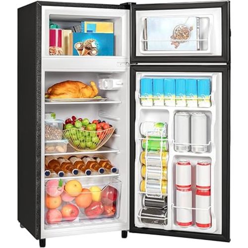 Double Door Refrigerator with Freezer, 4.5 Cu.Ft, Small Fridge with Freezer, 7 Settings Temperature Adjustable, Mini Refrigerator for Apartment Bedroom Dorm and Office (4.5 Cu.Ft, Black)