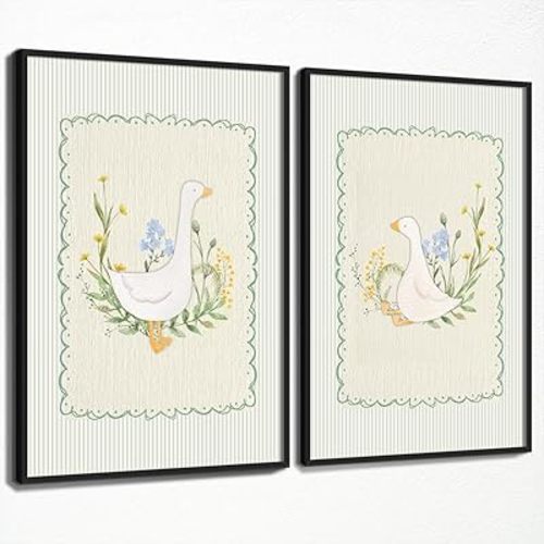 Silly Goose Canvas Wall Art, Sage Green Nursery Cute Animal Poster, Set of 2 Goose and Blue Yellow Flowers Print Painting, Sweet Floral Botanical Picture for Baby Kids Bedroom 8x12in Unframed