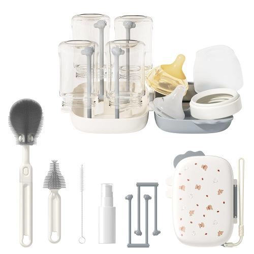TPE & Silicone Travel Baby Bottle Cleaning Kit, 6-in-1 Baby Bottle Cleaner Brush Set with Breast Pump Cleaning, Nipple Brush, Straw Brush, Soap Dispenser, Portable Drying Rack, Baby Travel Essential
