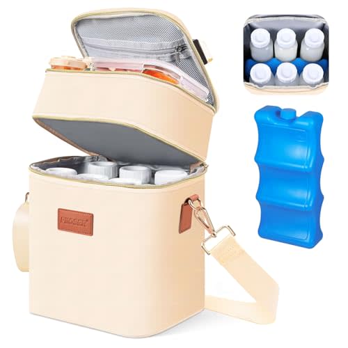 PIIOSER Breastmilk Cooler Bag with Ice Pack Fits 6 Baby Bottles Up to 9 Ounce, Insulated Baby Bottle Tote Bags, Double Layer Waterproof Leak-Proof with Shoulder Strap for Nursing & Working Mom (Cream)