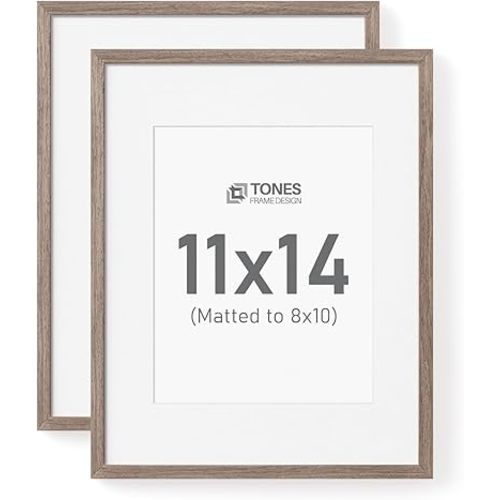 TONES FRAME DESIGN 11x14 Picture Frame with 8x10 Mat Set of 2, Solid Wood Veneer Oak Brown Woodgrain Finish with Plexiglass, Showcasing Art Prints, Gallery Wall, Home Décor