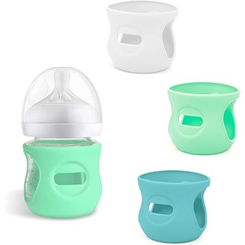 Silicone Sleeves for Avent Natural Glass Baby Bottles, BPA Free, Anti Breakage Baby Bottle Holder (Blue + Green + White, 4 Ounce)