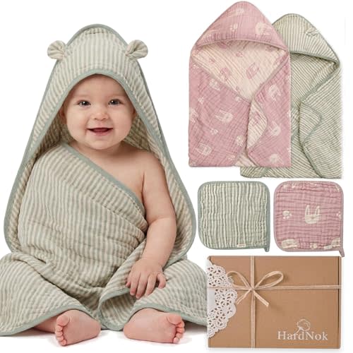 4-Piece Muslin Baby Towel Set - Made with Organic Cotton, (2) 6-Layer Bath Towels 32x32 & (2) Washcloths, Absorbent Bath & Beach (Blush Pink Bunny & Sage Green Stripe)