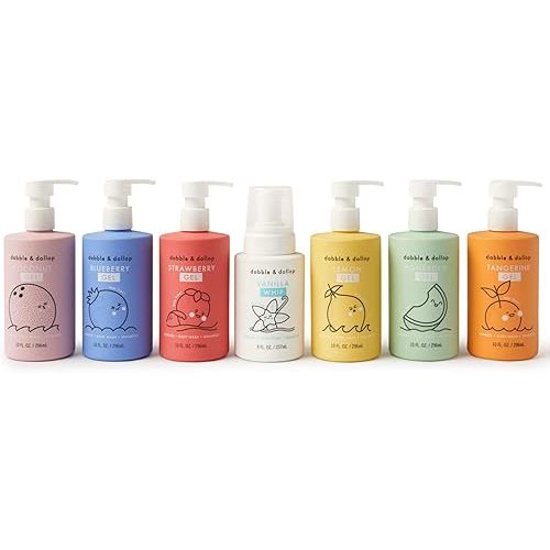 Dabble & Dollop Rainbow of Bubbles, Natural Bath, Body Wash, Shampoo & Conditioner for Kids, USA-Made, Paraben & Sulfate Free, Vegan, Gluten-Free, Tear-Free, (Set of 7)