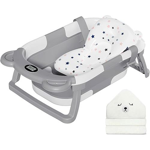 MoreFeel Collapsible Baby Bathtub for Newborn with Thermometer & 1 Hooded Towel & 1 Soft Floating Cushion,Portable Travel Bathtub with Drain Hole, Durable Foldable Baby Tubs for Infants to Toddler