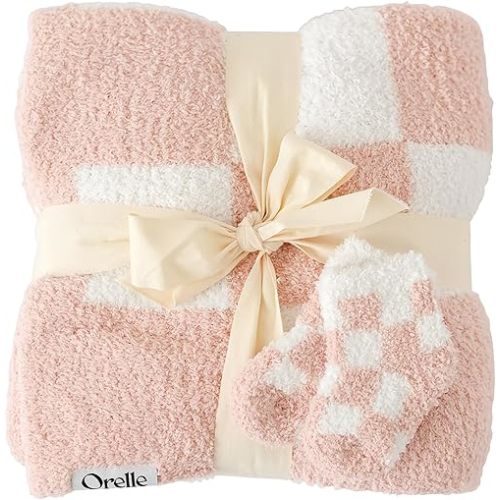 Orelle Checkered Baby Blanket & Matching Socks Set | Cozy Baby Blankets for Girls | Soft Plush Blankie for Girls | Checkered Nursery Decor | Newborn Registry Must Have | Pink