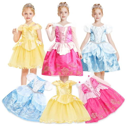 Girls Princess Dress Up Costume, Princesses 3 Pcs Sparkly Fancy Dresses Blue Pink Yellow Set for Toddlers Little Kids Christmas Birthday Party 2 Years