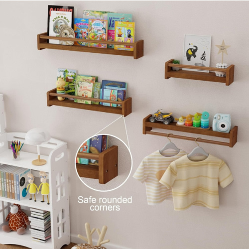 Nursery Floating Shelves with Hanging Rod, 33 Inch Kid's Bookshelves Set of 2, Wall Mounted Baby Clothes Organizer, Kitchen Spice Rack, Picture Ledge Shelf, Jocobean
