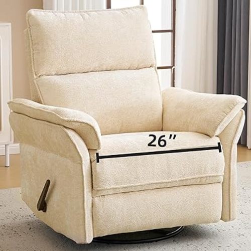 Oversized Recliner Chair, 26" Extra Wide 360° Swivel Rocker Recliner with Adjustable Headrest, Chenille Glider Rocking Nursery Chair with Overstuffed Armrest, Lumbar Support, Beige
