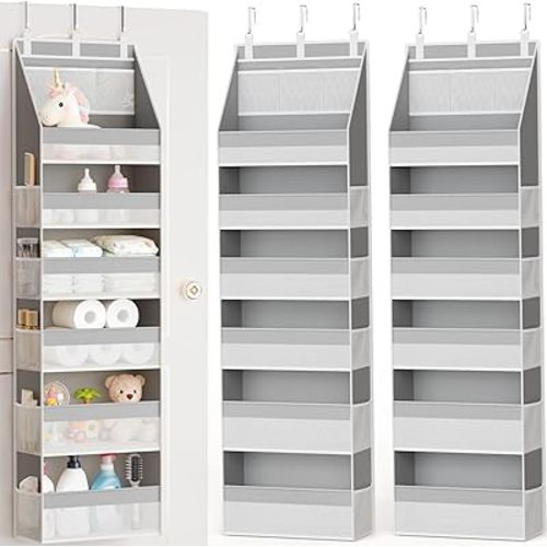 Criusia 2 Pack Over The Door Organizer, Heavy-Duty 6-Shelf Hanging Storage with 13 Mesh Pockets, 55lbs Capacity Behind The Door Storage for Nursery, Bathroom, Bedroom, and Dorm, Grey