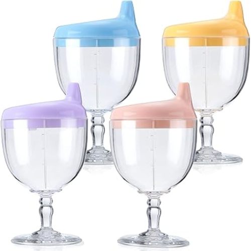 4 Pcs Baby Wine Sippy Cup Goblet Plastic Wine Glass Sippy Cup Beverage Mug Milk Bottles with Lid Baby Stemware for Toddlers Kids Birthday Christmas Party Celebration, Blue, Pink, Yellow, Purple